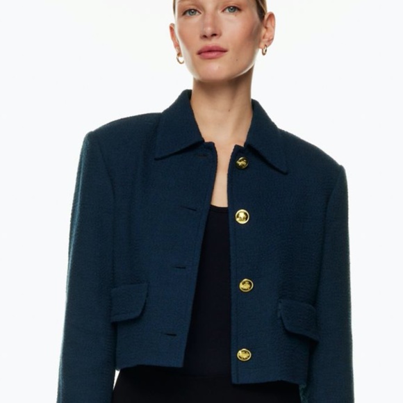 Vintage royal blue with golden metal button tweed crew neck jacket size L - Picture 1 of 11